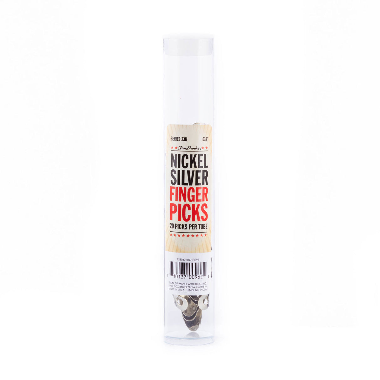 A clear plastic tube filled with metal fingerpicks on a white background