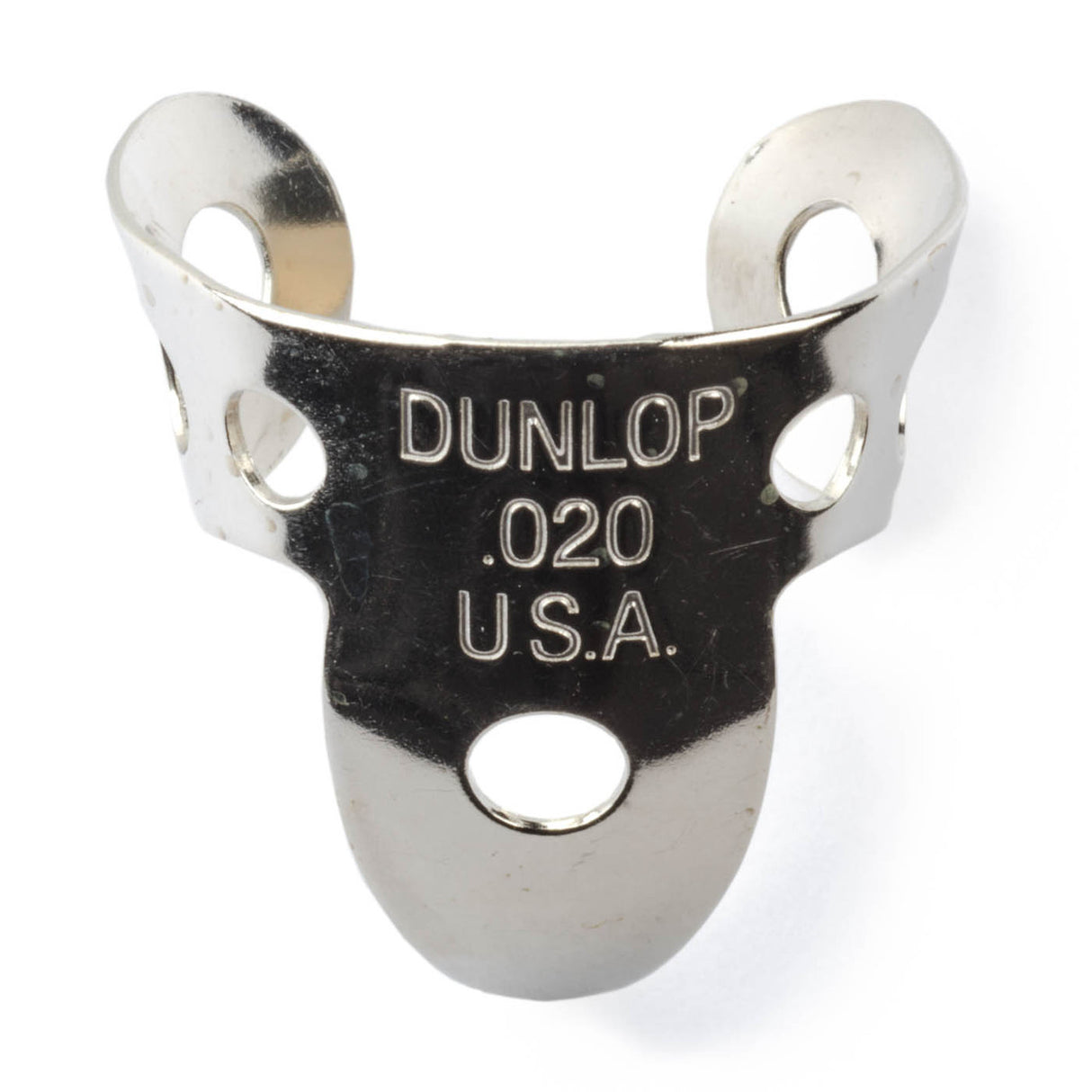 A metal fingerpick with Dunlop branding on a white background