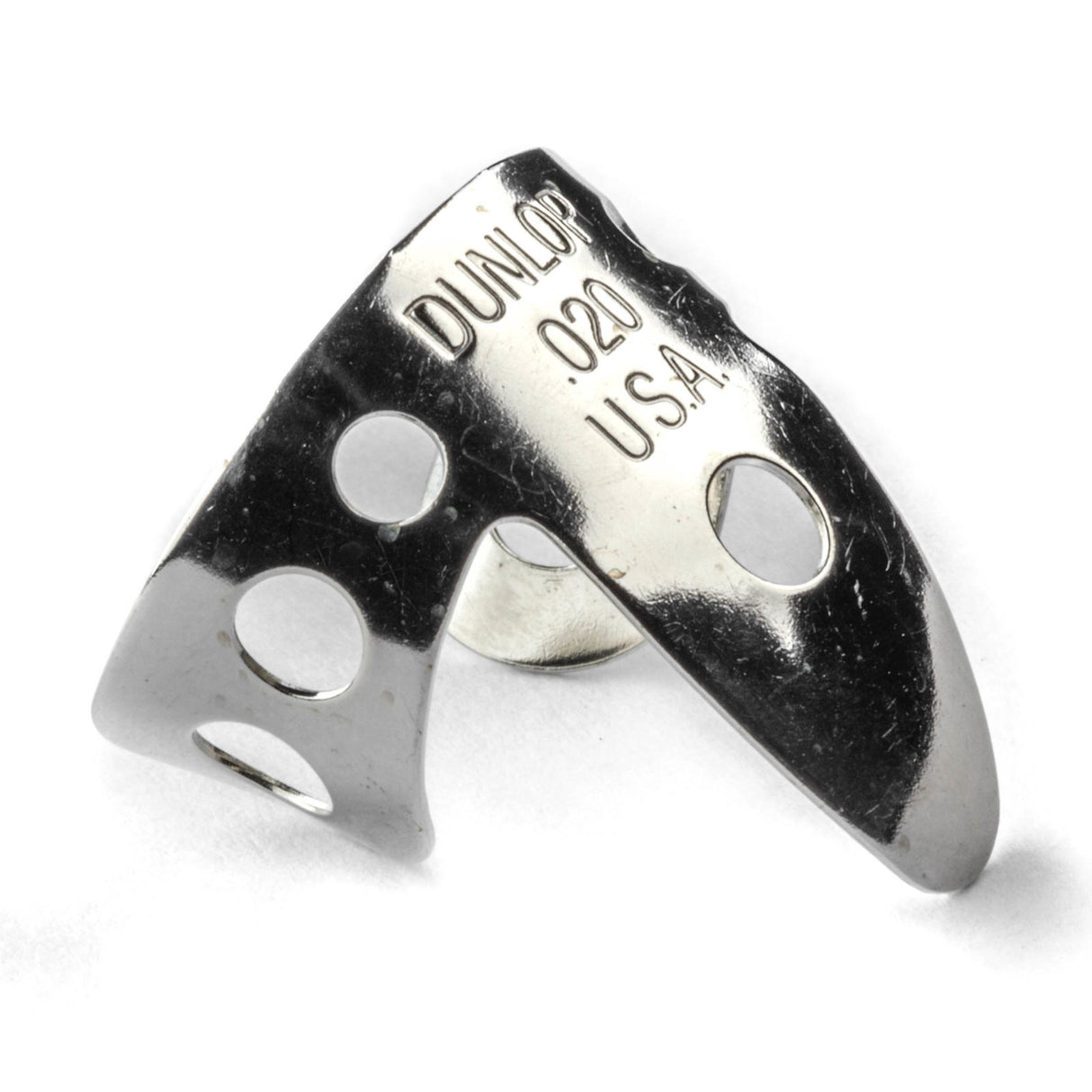 A metal fingerpick with Dunlop branding on a white background