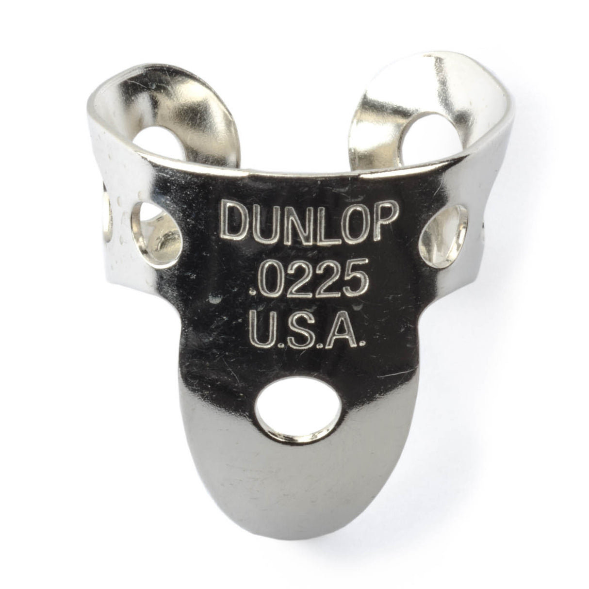 A metal fingerpick with 'Dunlop' branding on a white background
