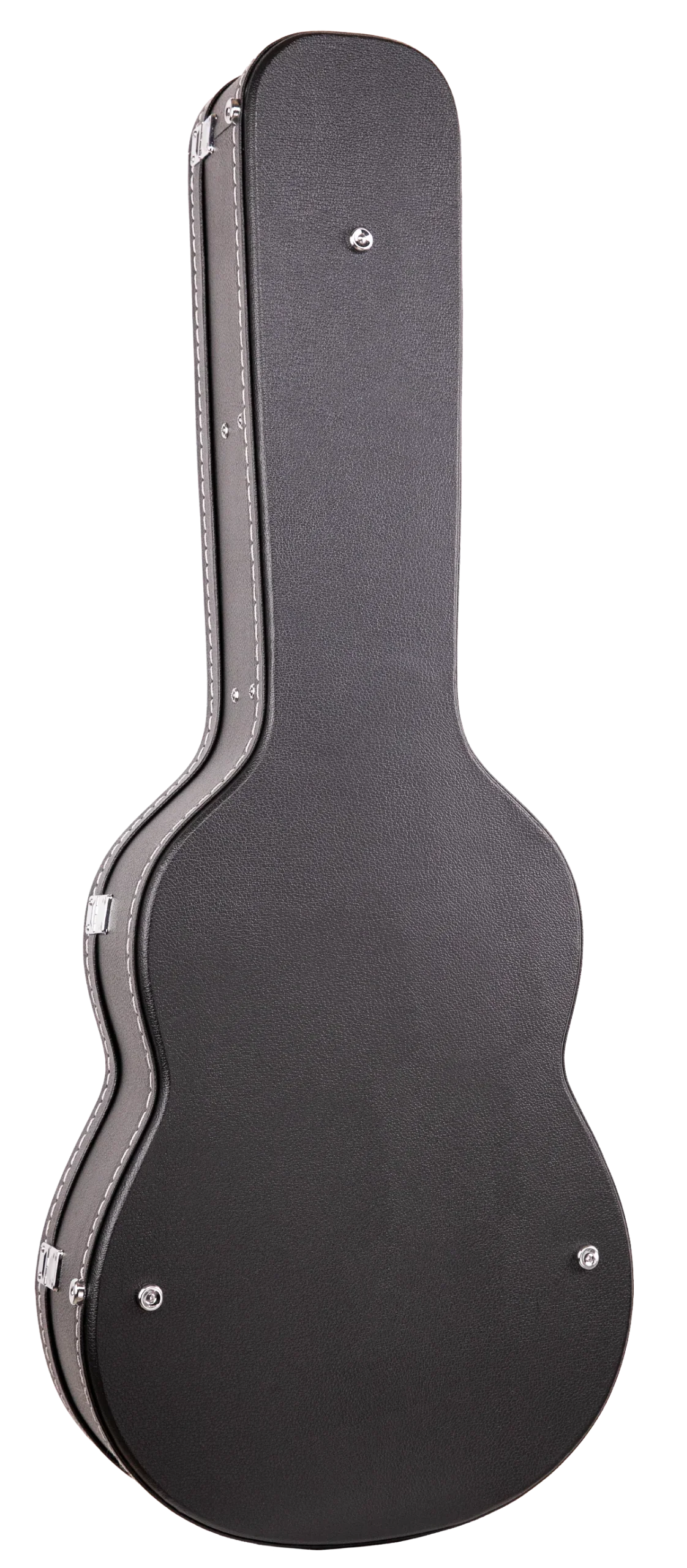 The image shows a black hard case designed for acoustic guitars, featuring a classic figure-eight shape with an elongated neck. It has a textured exterior, chrome metal hardware including latches and corner protectors, and a rigid shell for maximum protection. This professional-grade case is built to safeguard guitars from impacts, temperature changes, and humidity during travel or storage.