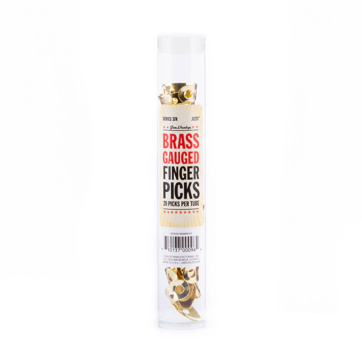 A clear plastic tube of brass fingerpicks on a white background