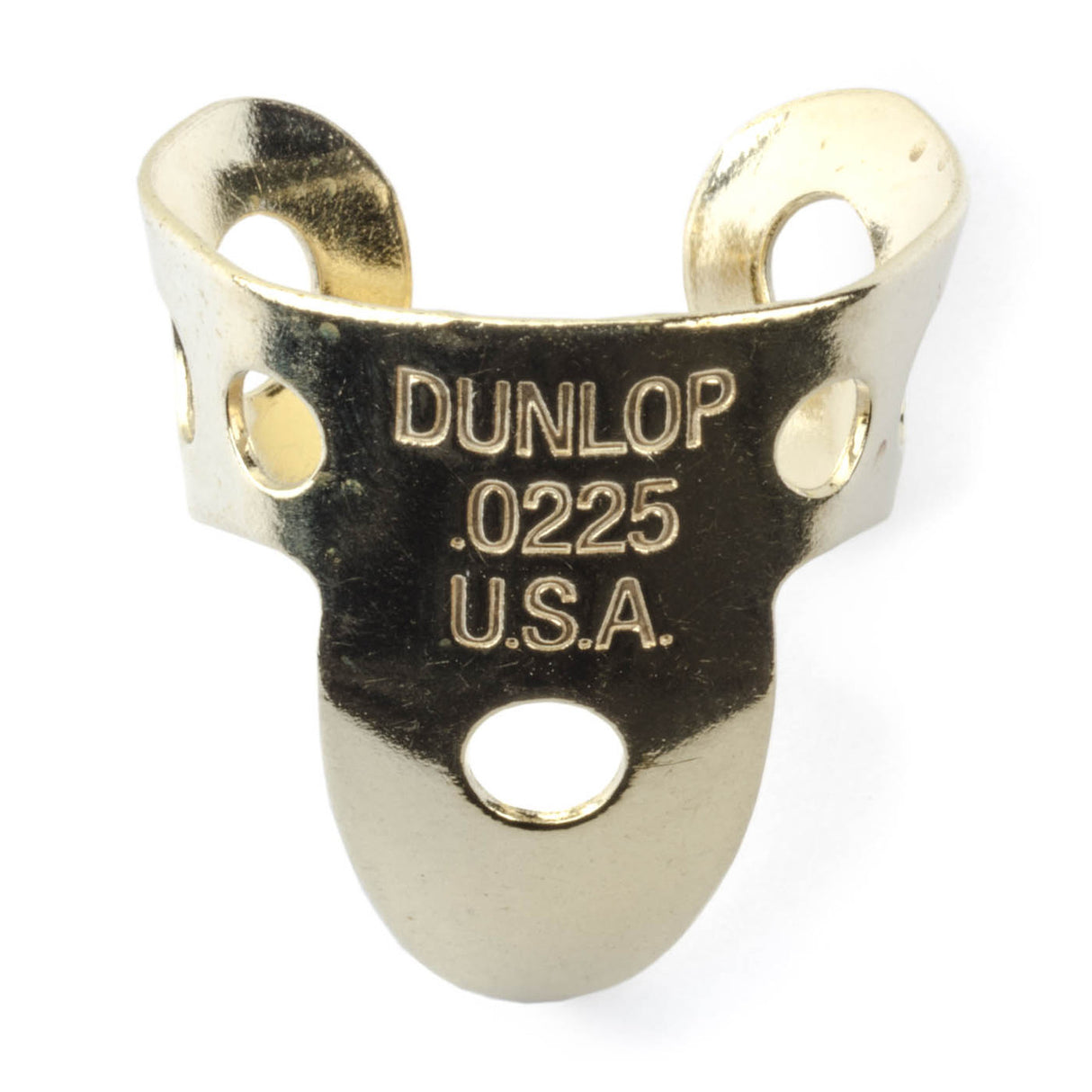 A brass fingerpick with 'Dunlop' branding on a white background