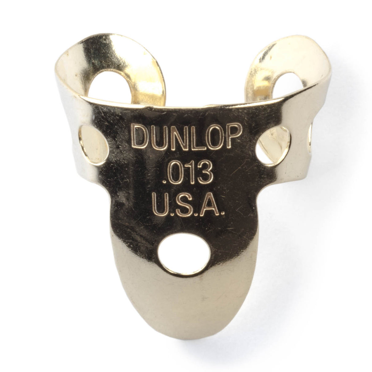 A 'Dunlop' branded brass guitar fingerpick on a white background