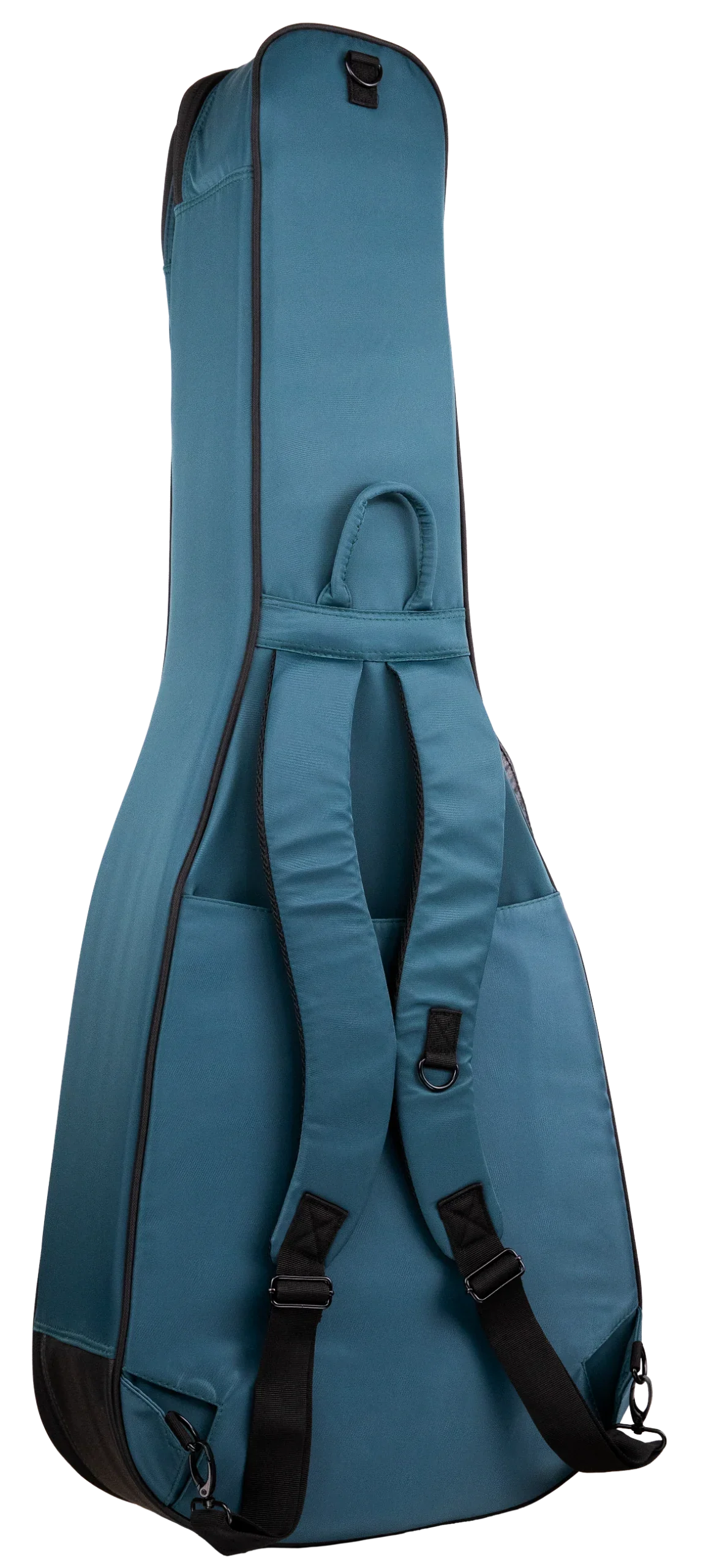 The image shows a teal/turquoise soft-sided guitar gig bag with black trim. It features padded nylon construction, a full-length zipper, and an external accessory pocket. Carrying options include dual padded shoulder straps and a top handle. A front D-ring allows attaching accessories. This lightweight, protective bag is ideal for transporting acoustic or electric guitars to lessons, rehearsals, or gigs.
