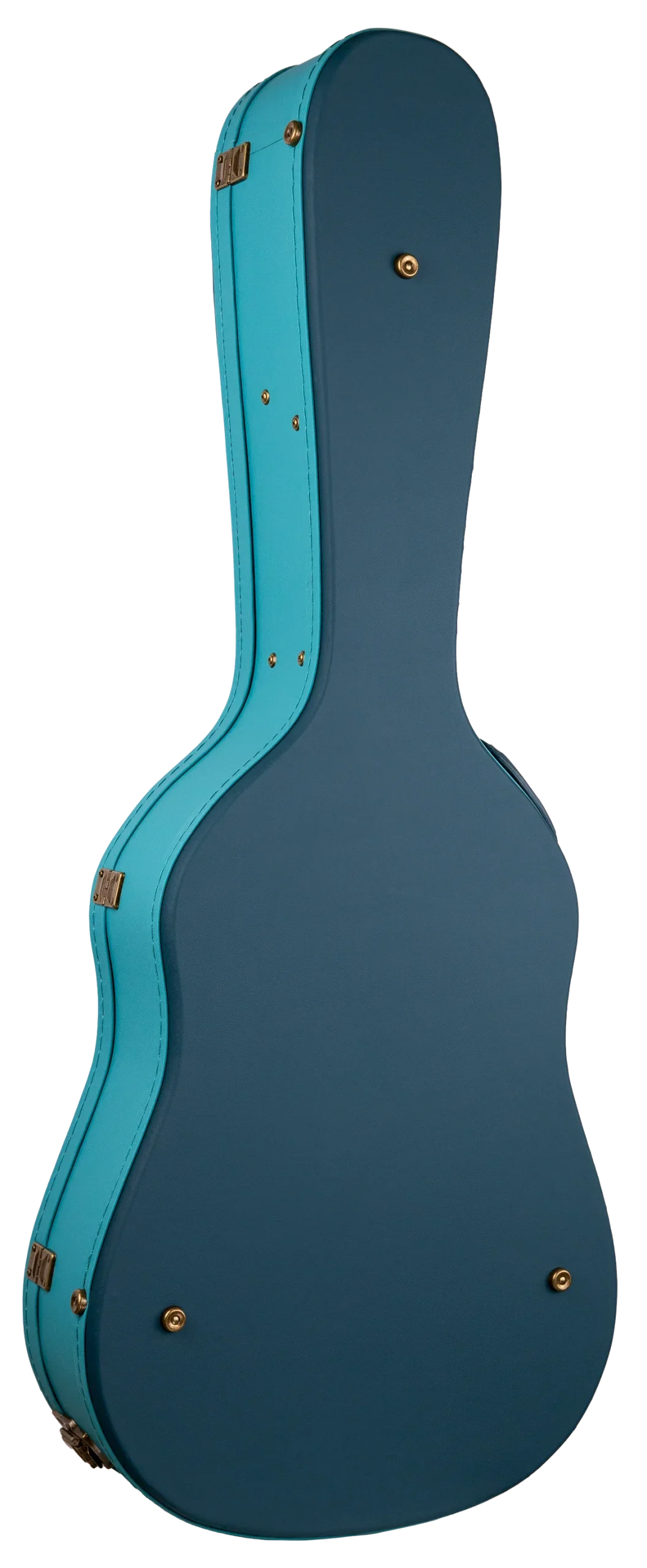 The image shows a hard guitar case with a two-tone teal/turquoise trim and darker blue-green body. It features a hard shell, multiple brass latches, ventilation grommets, sturdy hinges, and a classic acoustic guitar shape. Designed for professional-grade protection during transport and storage, the case combines durability with style, appealing to musicians seeking reliable and attractive gear protection.