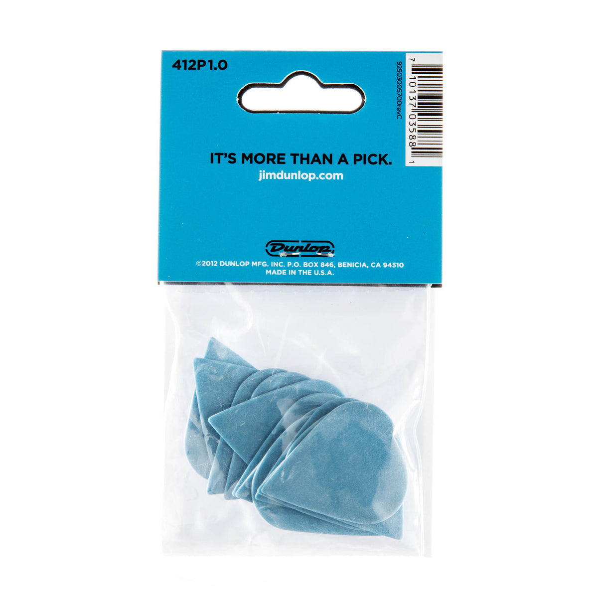 A package of blue 'Dunlop' branded guitar picks on a white background
