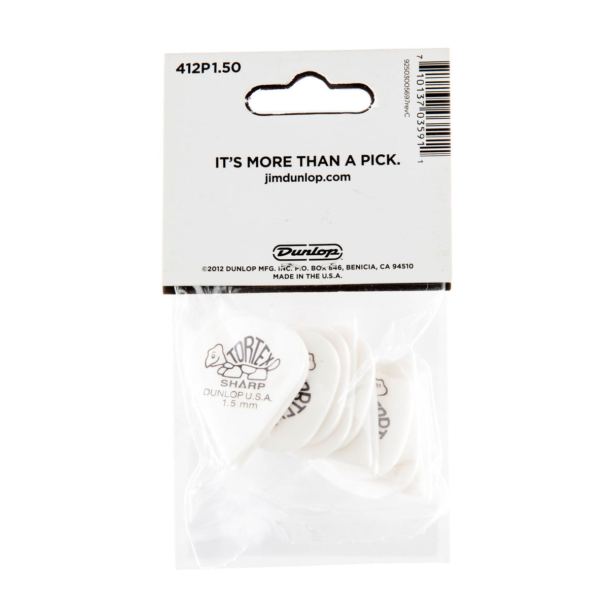 A package with a plastic bag filled with white 'Dunlop' branded guitar picks on a white background