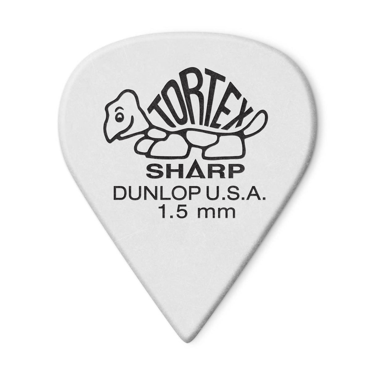 A white 'Dunlop' branded guitar pick with a turtle design on a white background