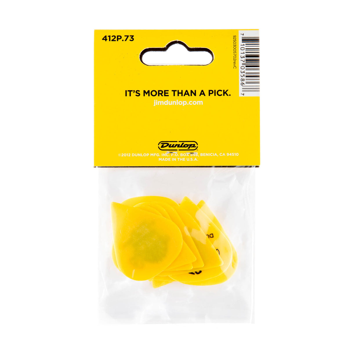 A package with a plastic bag filled with yellow 'Dunlop' branded guitar picks on a white background