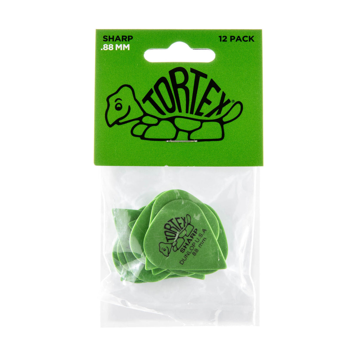 A package with a plastic bag filled with green 'Dunlop' branded guitar picks on a white background