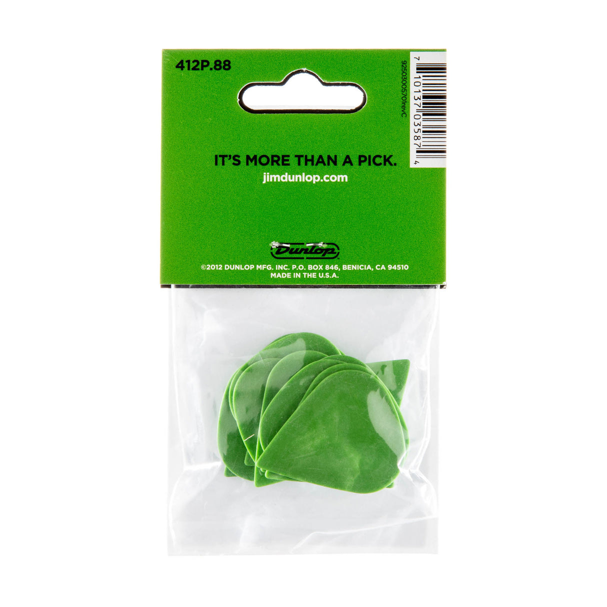 A package with a plastic bag filled with green 'Dunlop' branded guitar picks on a white background