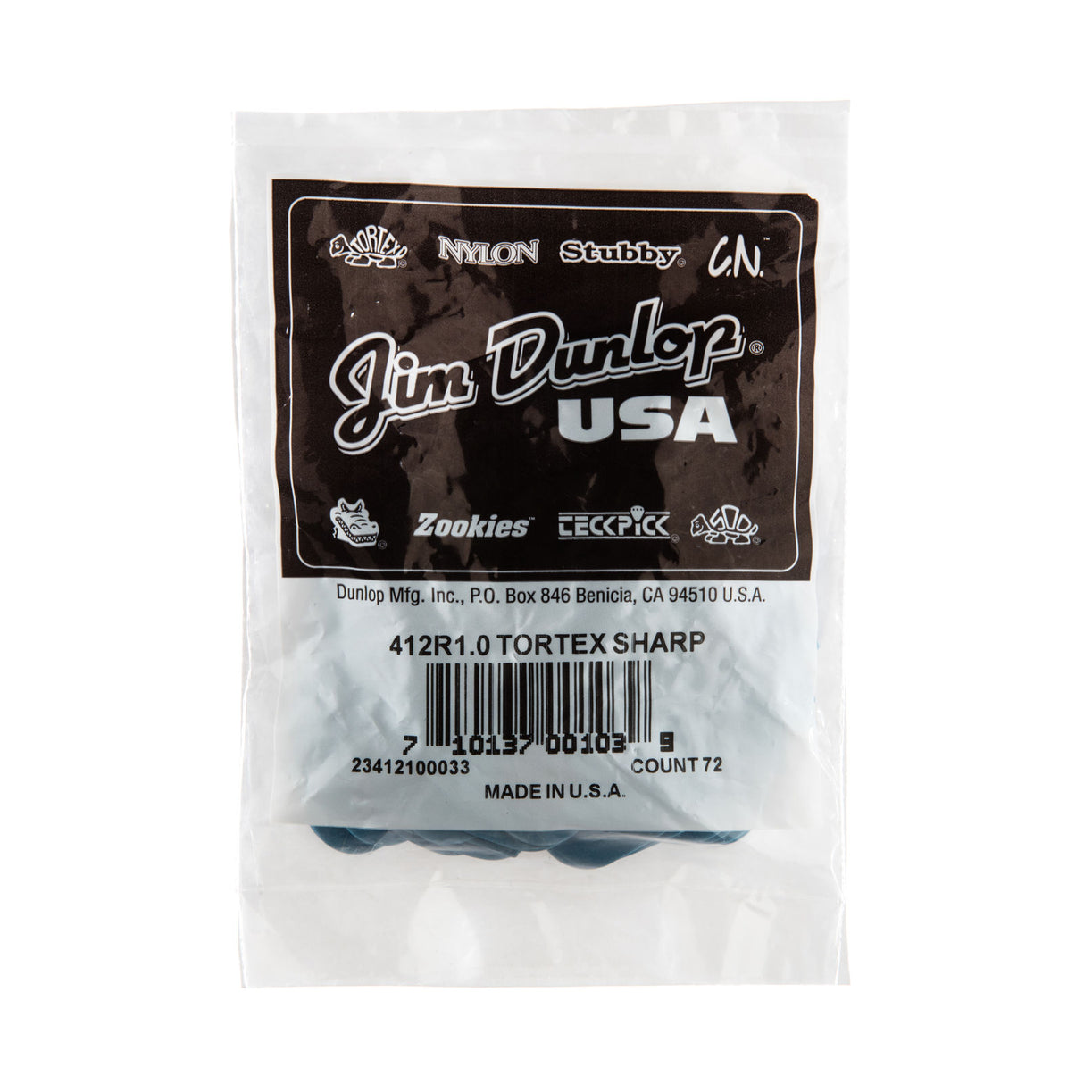 A plastic bag filled with blue guitar picks on a white background