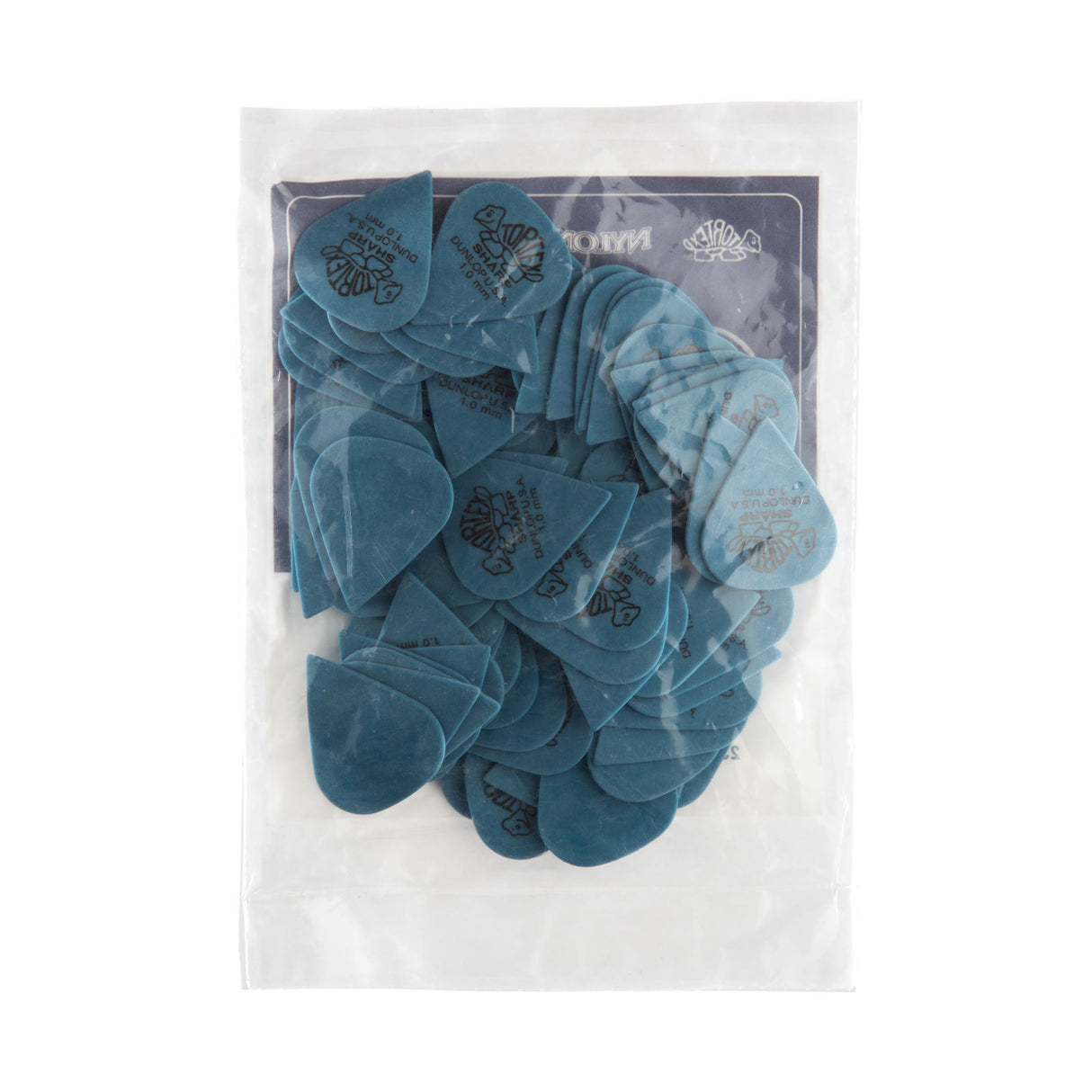 A plastic bag filled with blue 'Dunlop' branded guitar picks on a white background