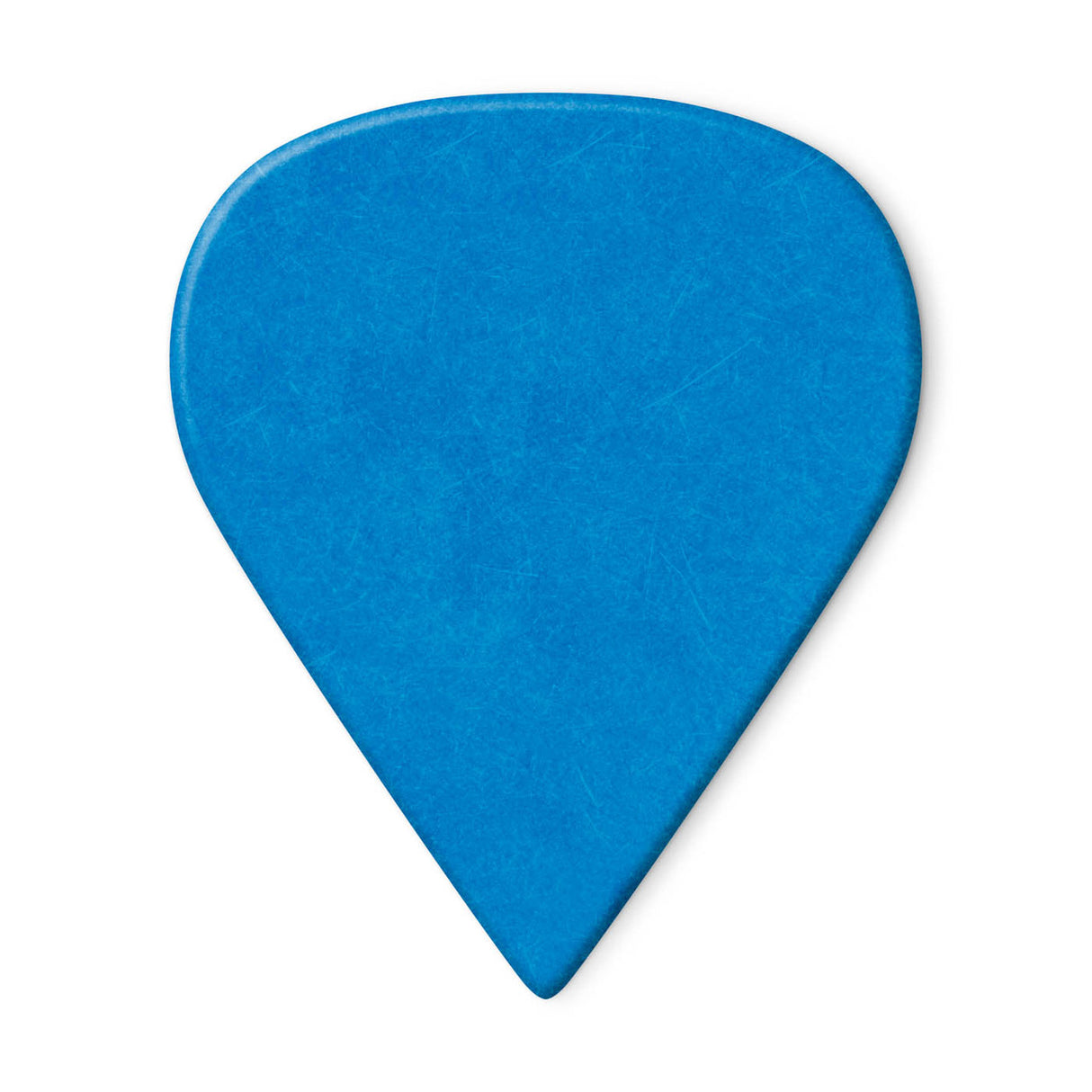 A blue guitar pick on a white background