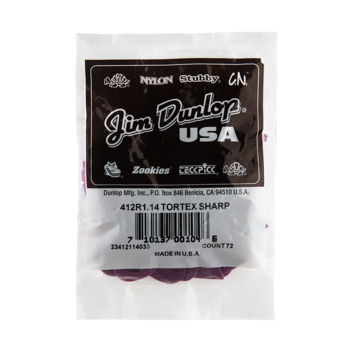 A plastic bag filled with purple guitar picks on a white background