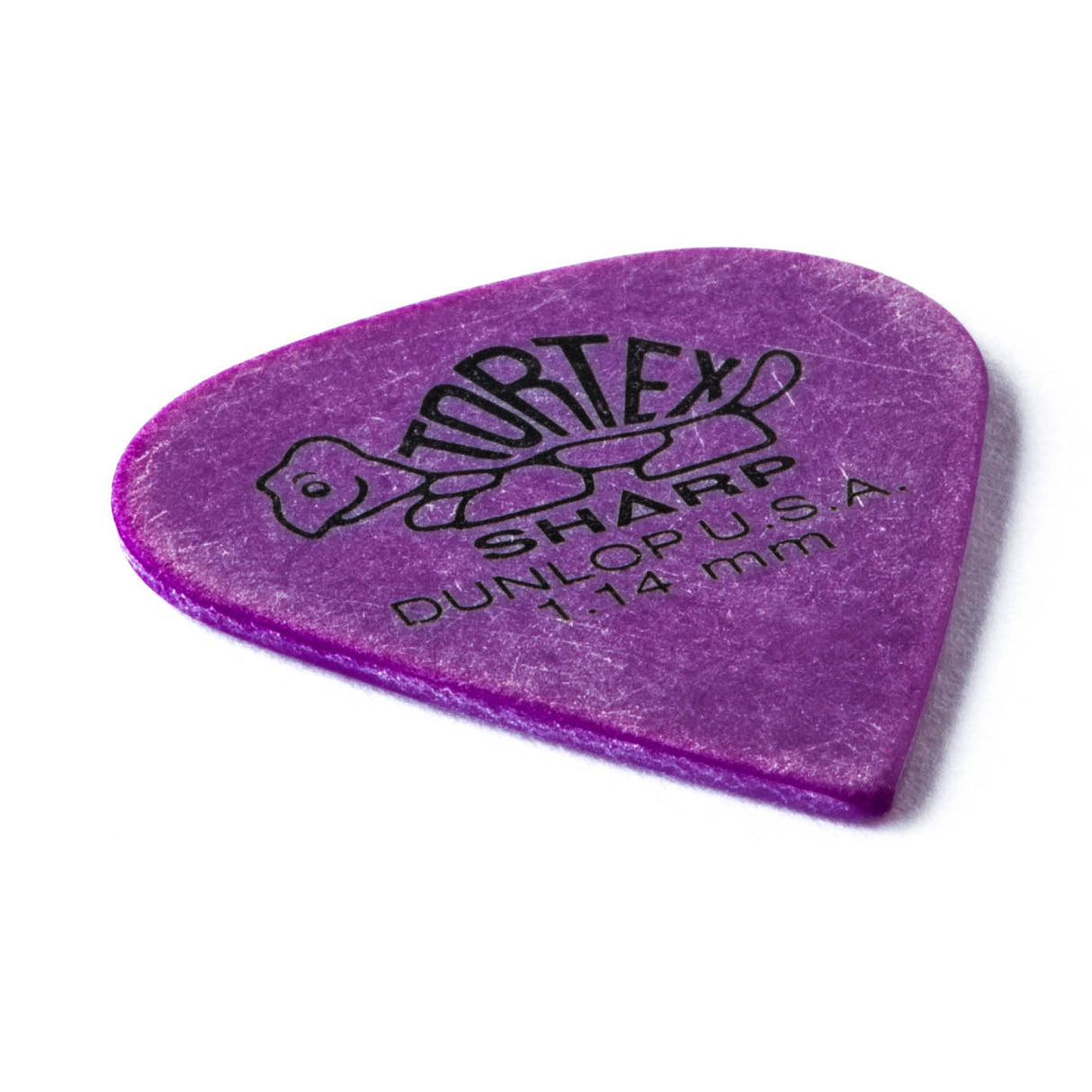 A purple 'Dunlop' branded guitar pick with a turtle design on a white background
