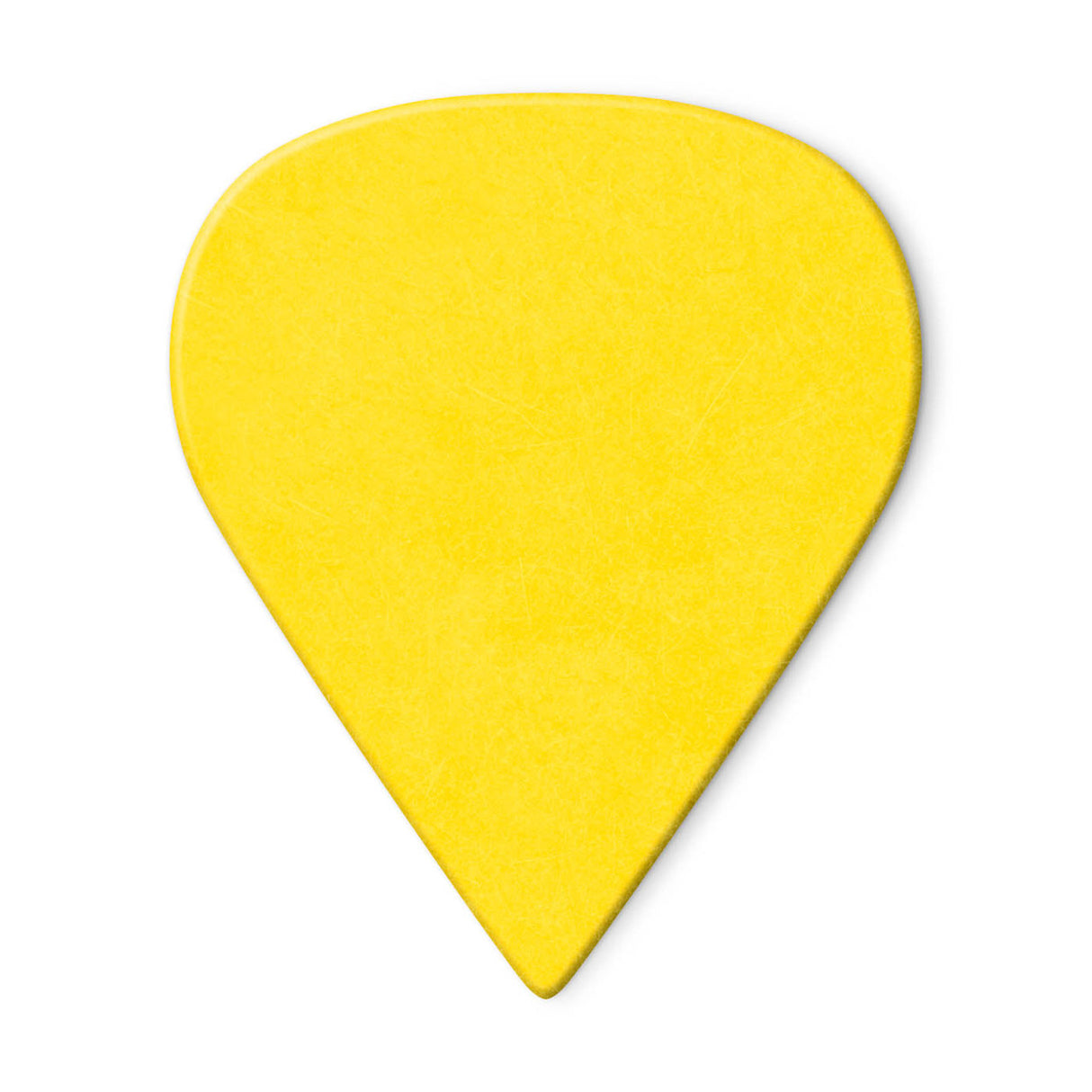 A yellow guitar pick on a white background