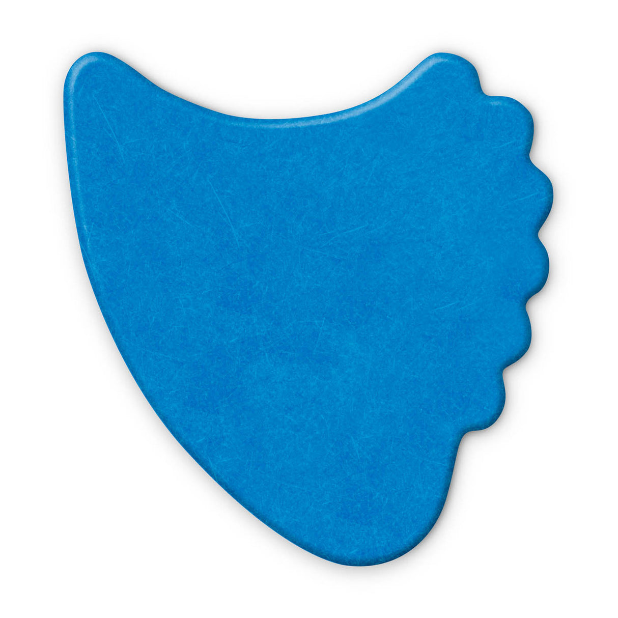 A blue fin guitar pick on a white background