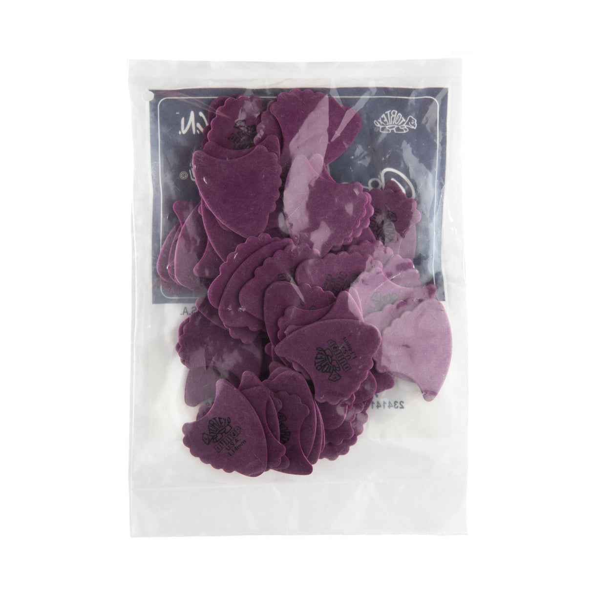 A plastic package fill with purple 'Dunlop' branded guitar picks on a white background