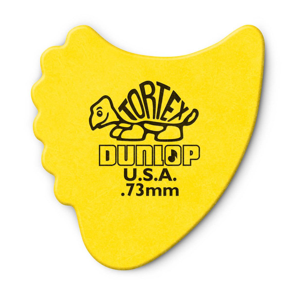 A yellow 'Dunlop' branded fin guitar pick with a Tortex turtle design on a white background
