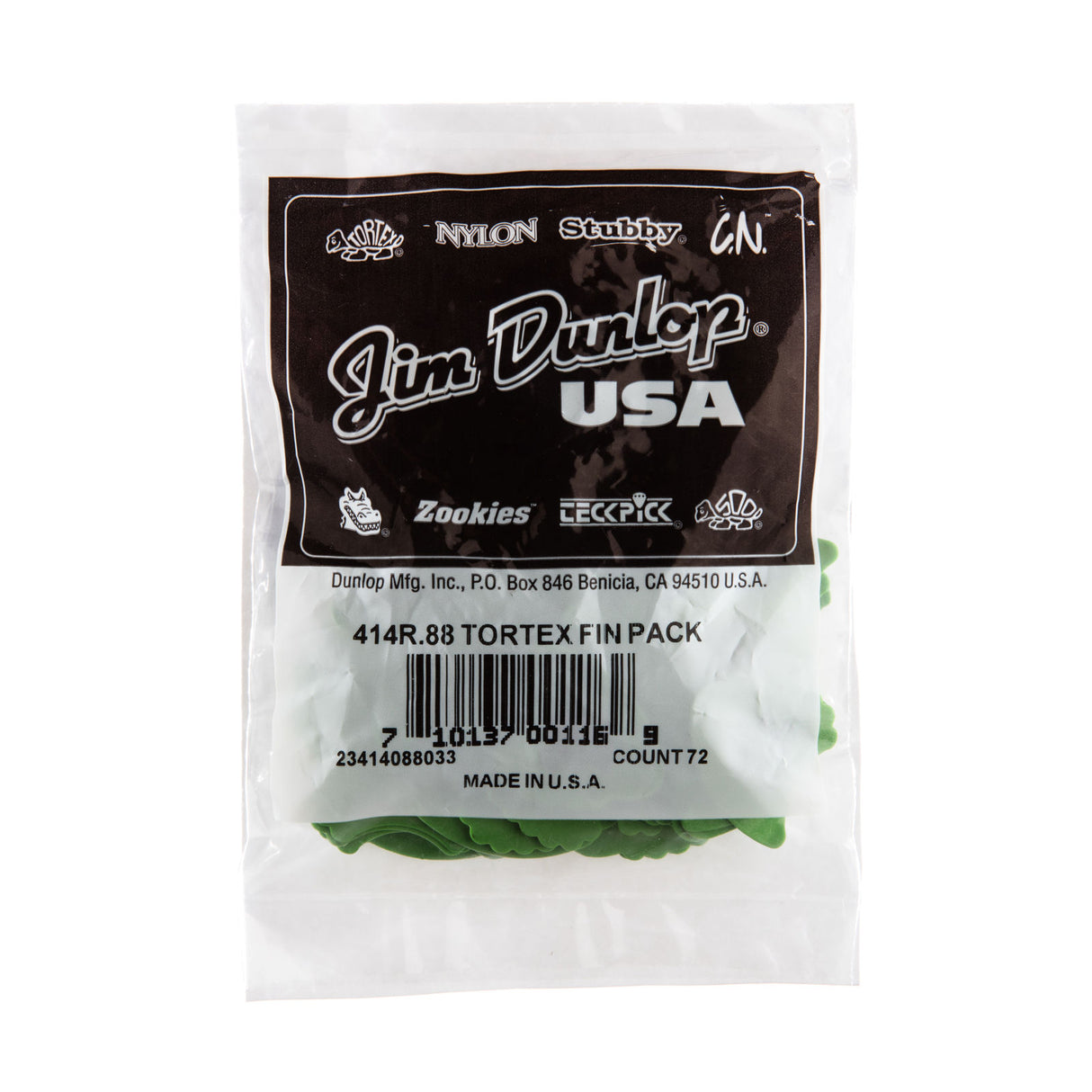 A plastic package bag filled with 'Dunlop' branded guitar picks on a white background