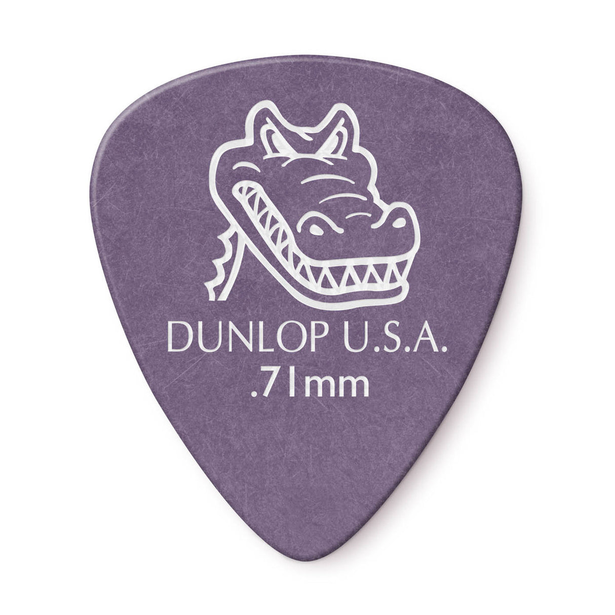 Purple guitar pick with a white alligator logo and text on a white background