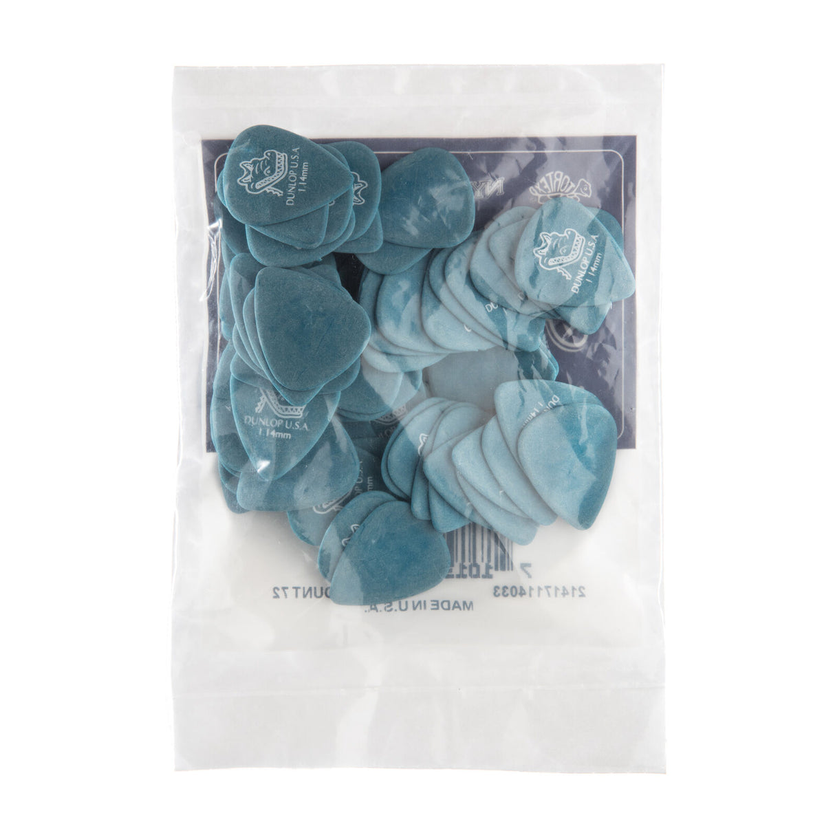 Packaged bag filled with blue guitar picks on a white background