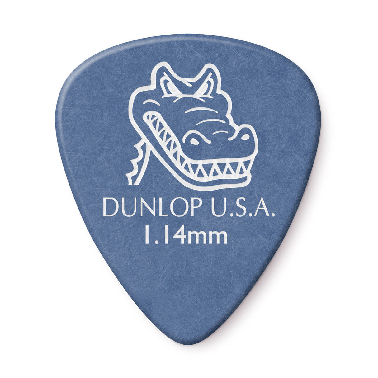 Blue guitar pick with a gator logo and text on a white background
