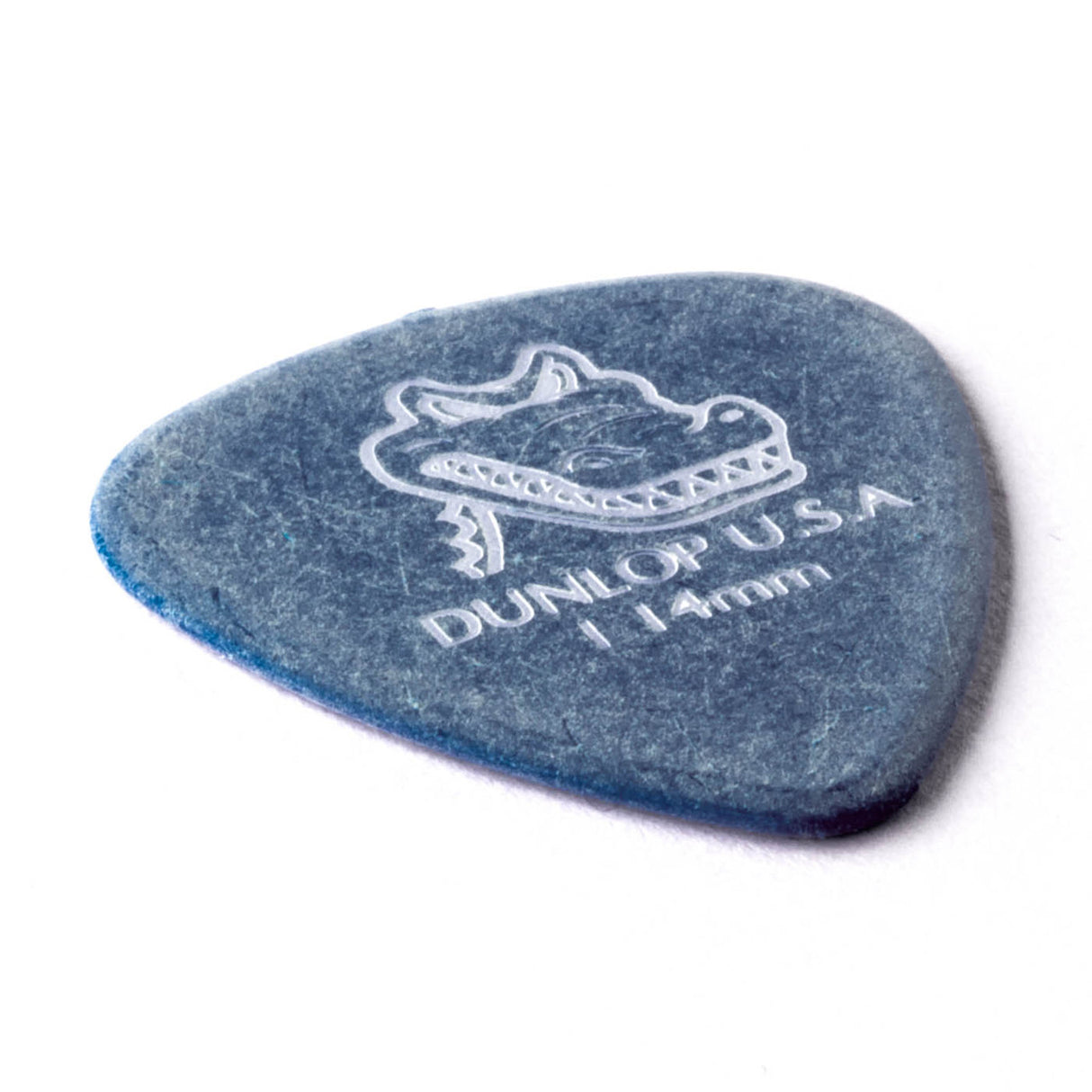 Blue guitar pick with Dunlop USA branding on a white background