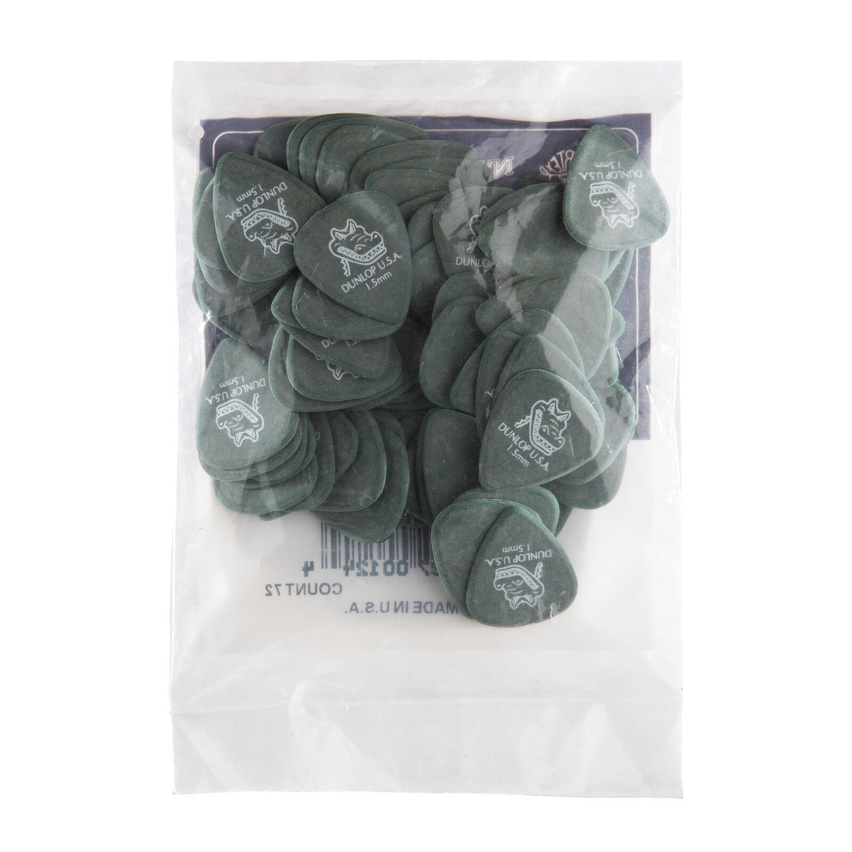 Pack of green guitar picks with a clear plastic bag on a white background