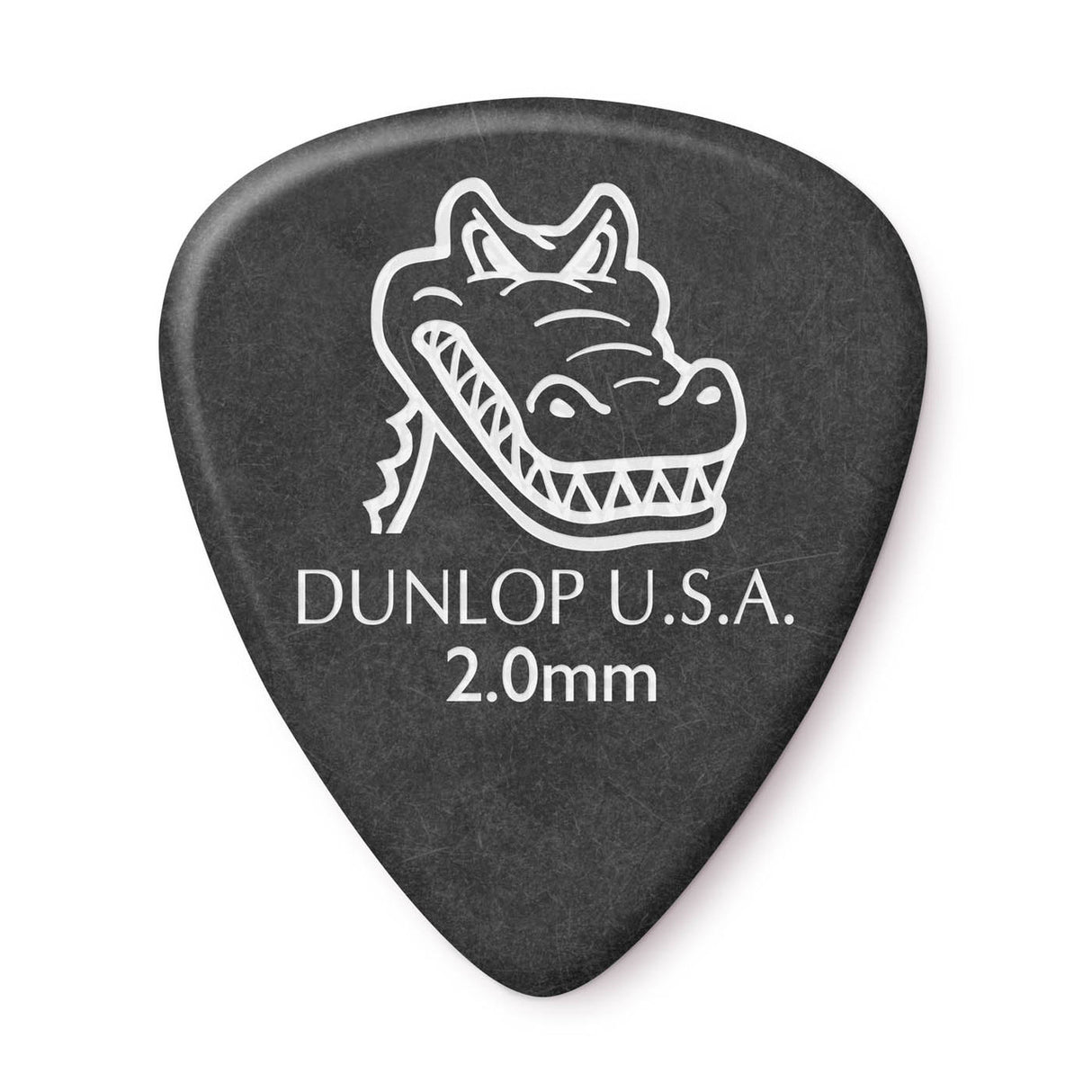 Black guitar pick with white alligator logo and 'Dunlop U.S.A. 2.0mm' text on a white background
