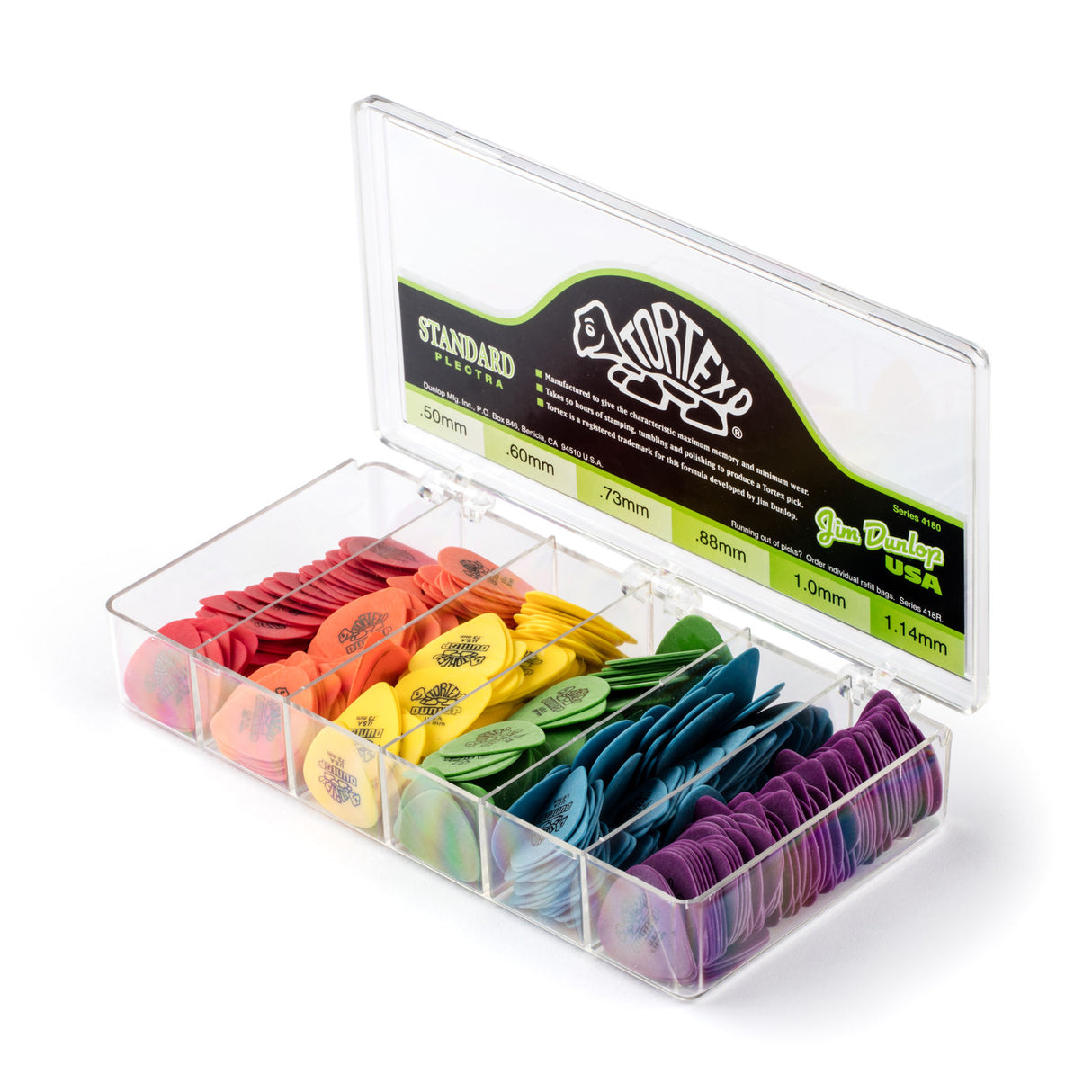 Set of Dunlop Tortex guitar picks in a clear case with a visible brand label on a white background