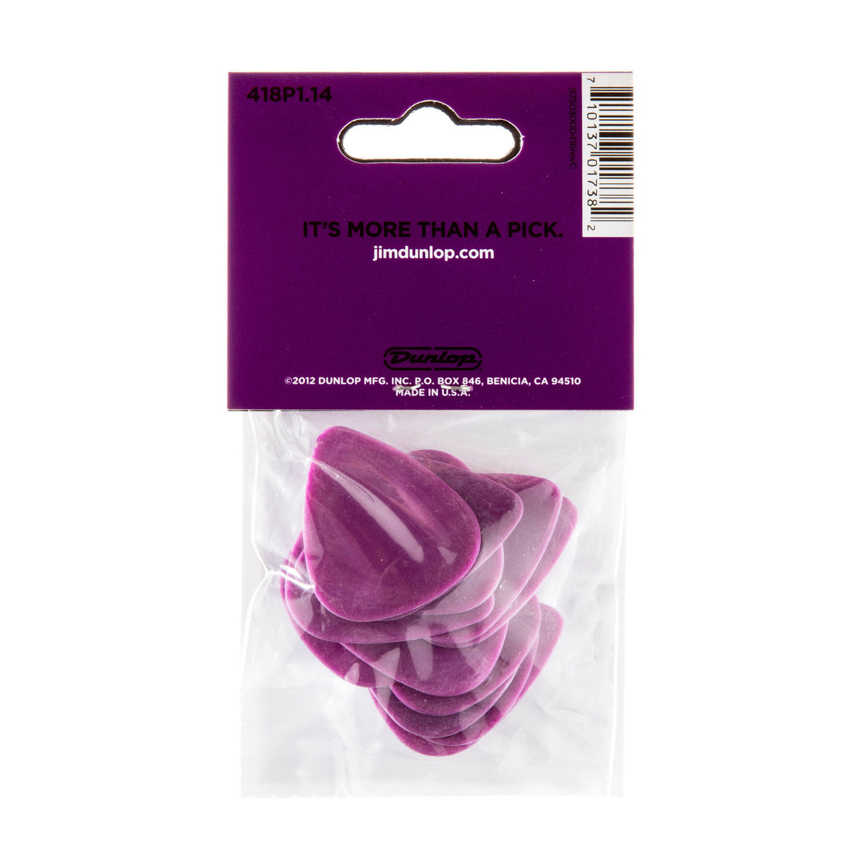 Pack of purple guitar picks in clear packaging with Jim Dunlop branding.