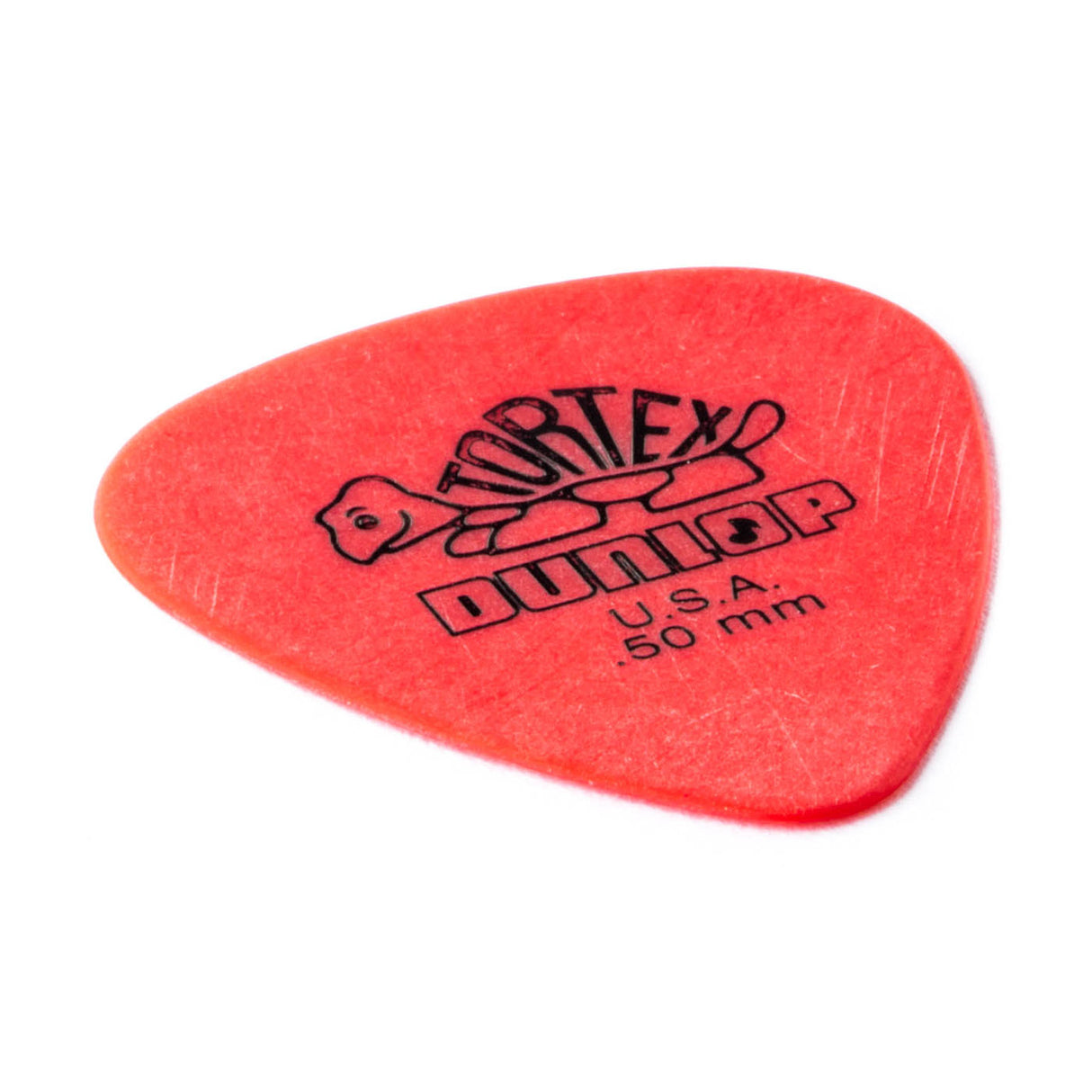 Red guitar pick with Dunlop branding on a white background