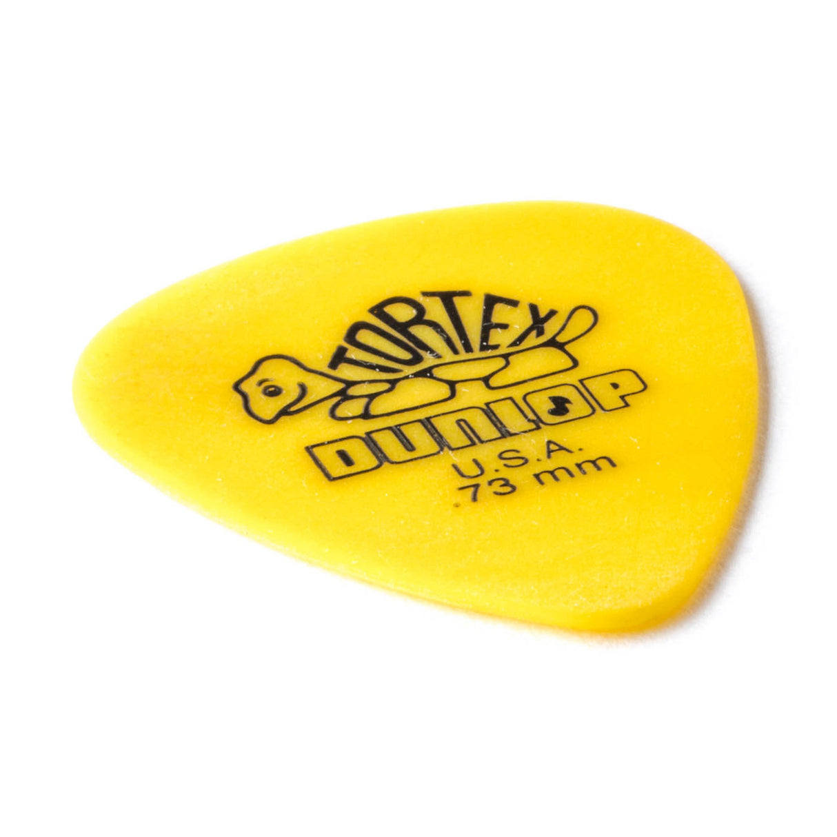 Yellow guitar pick with Dunlop branding on a white background