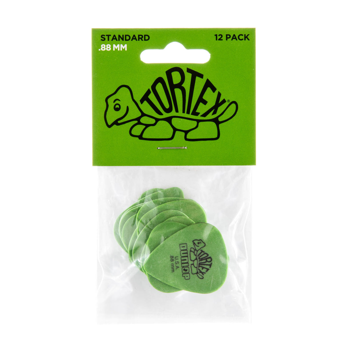 Pack of green guitar picks with Dunlop Tortex branding on a white background