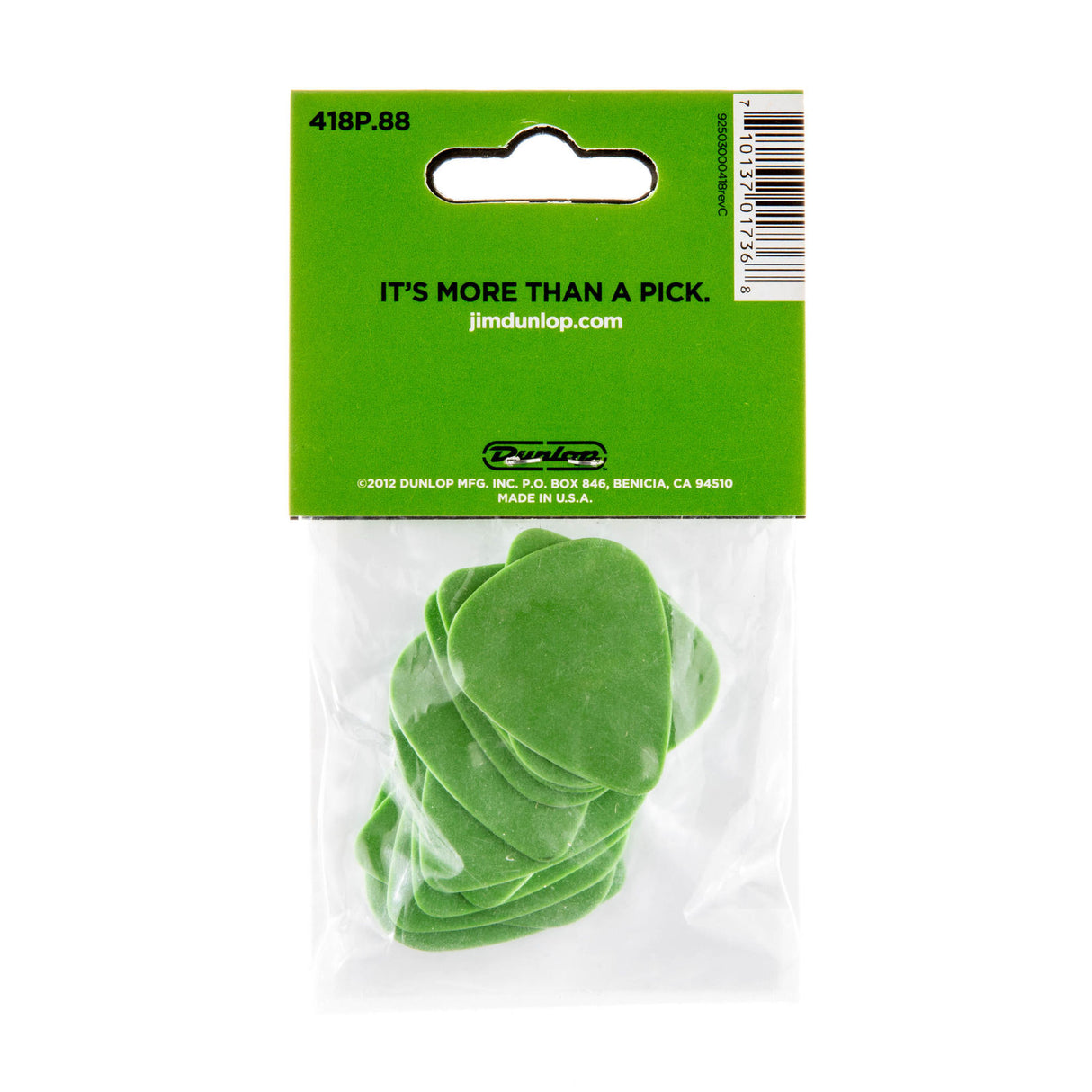 Pack of green guitar picks with Dunlop packaging on a white background