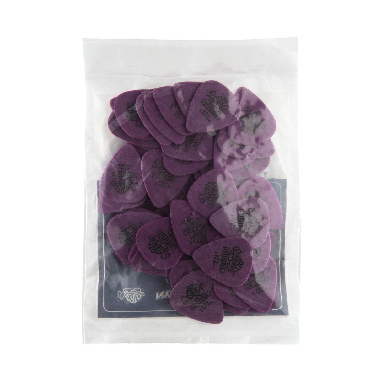 Pack of purple guitar picks with a clear plastic cover on a white background
