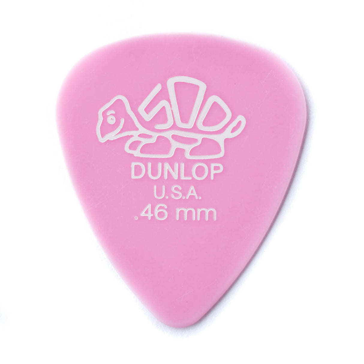 A pink 'Dunlop' branded guitar pick with a turtle design on a white background