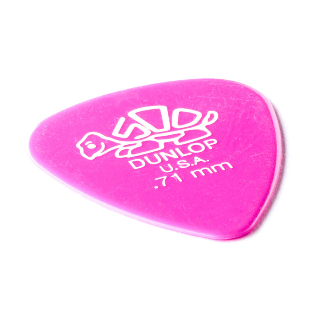 A pink 'Dunlop' branded guitar pick with a turtle design on a white background