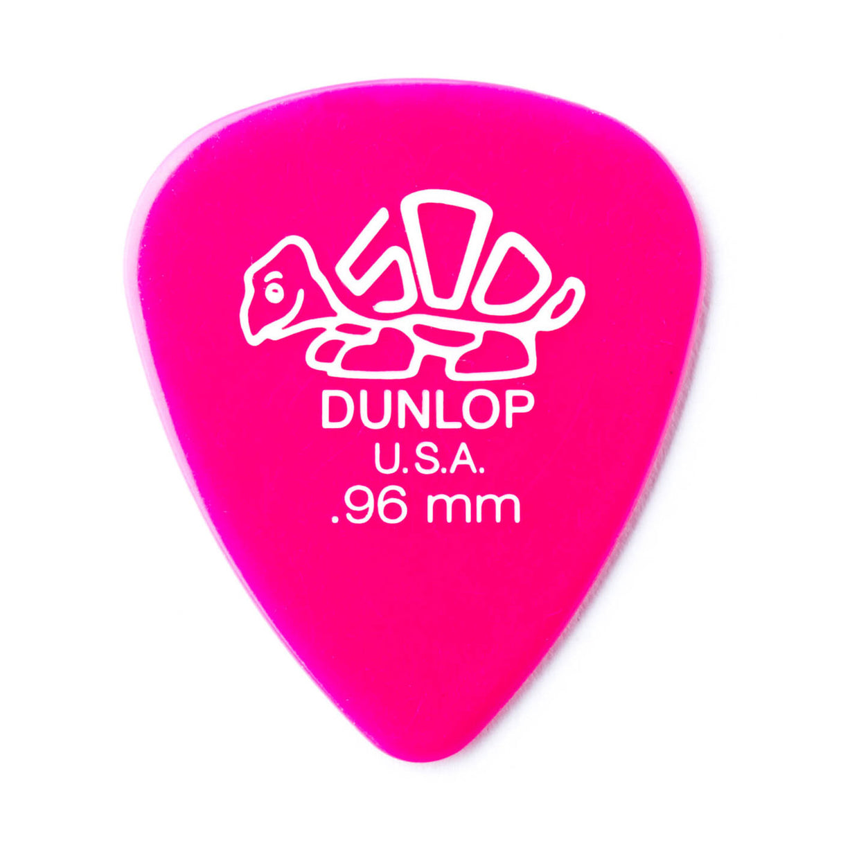 A pink 'Dunlop' branded guitar pick with a turtle design on a white background