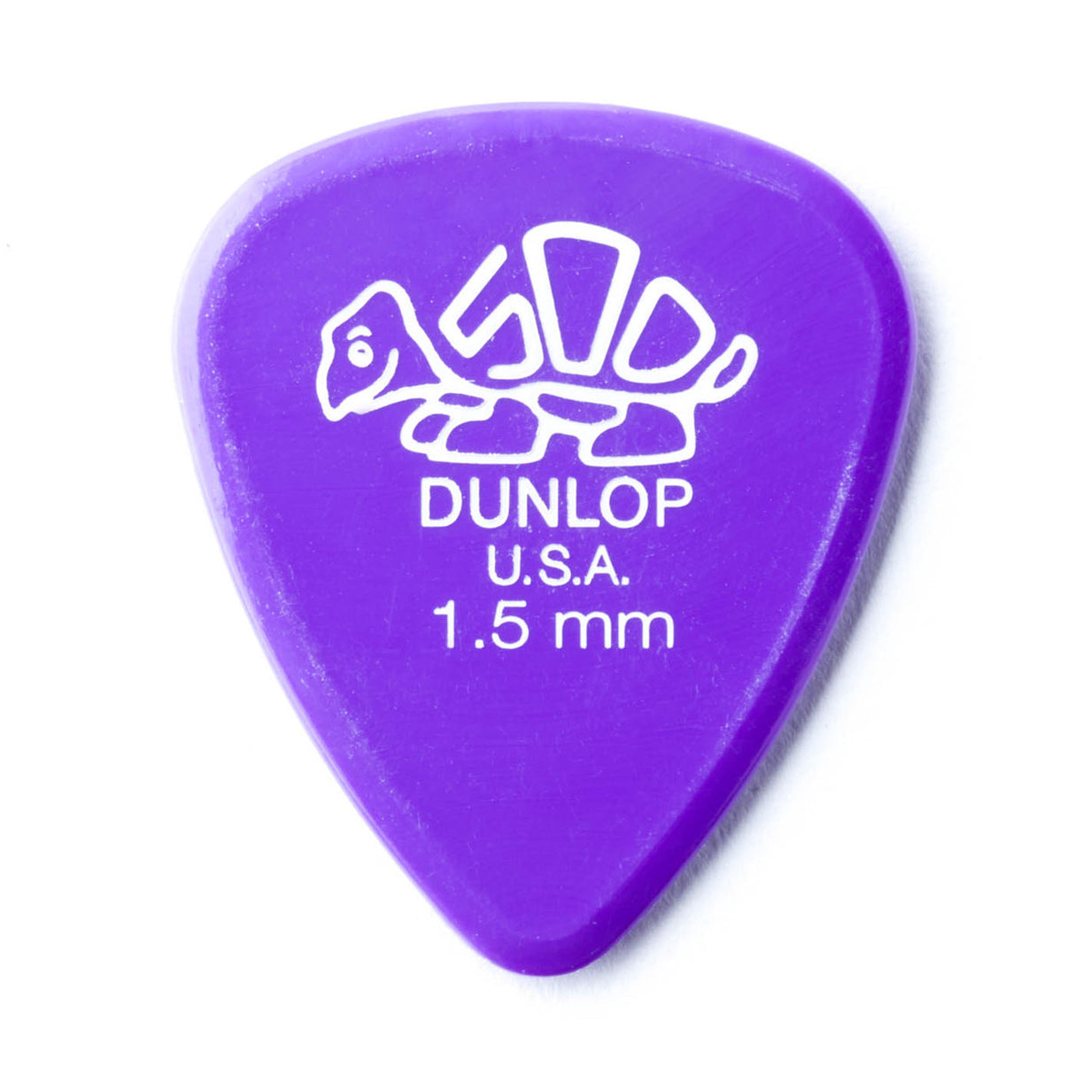 A purple 'Dunlop' branded guitar pick with a turtle design on a white background
