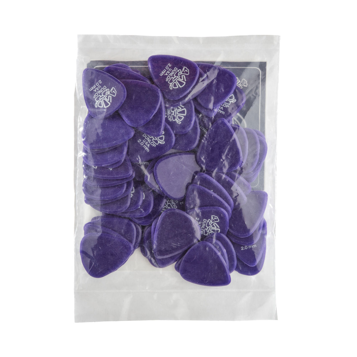 A plastic bag filled with purple guitar picks on a white background