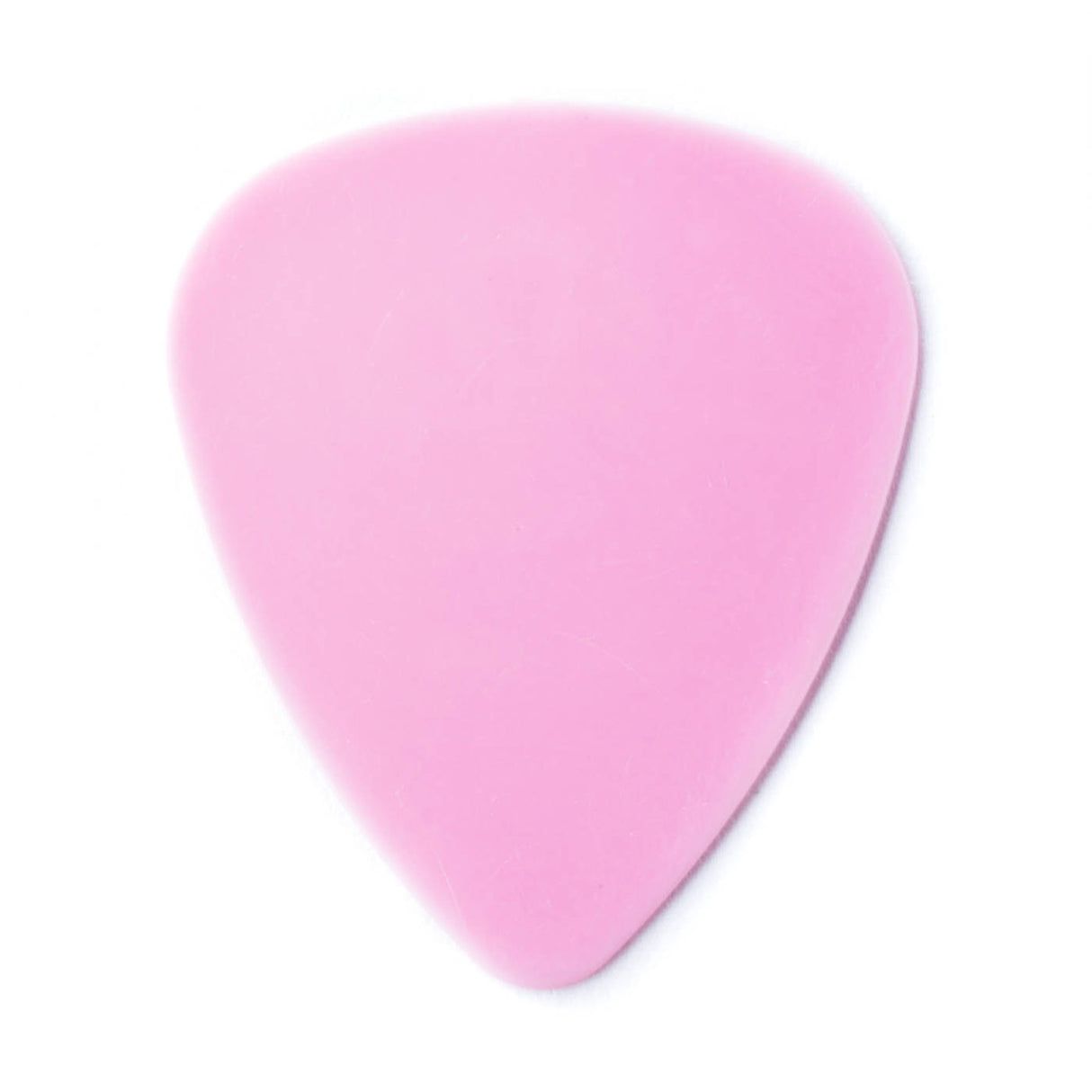 A pink guitar pick on a white background