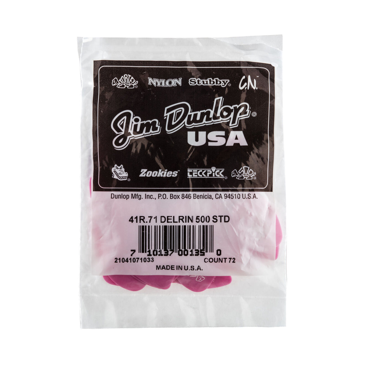 A plastic bag filled with 'Dunlop' branded guitar picks on a white background