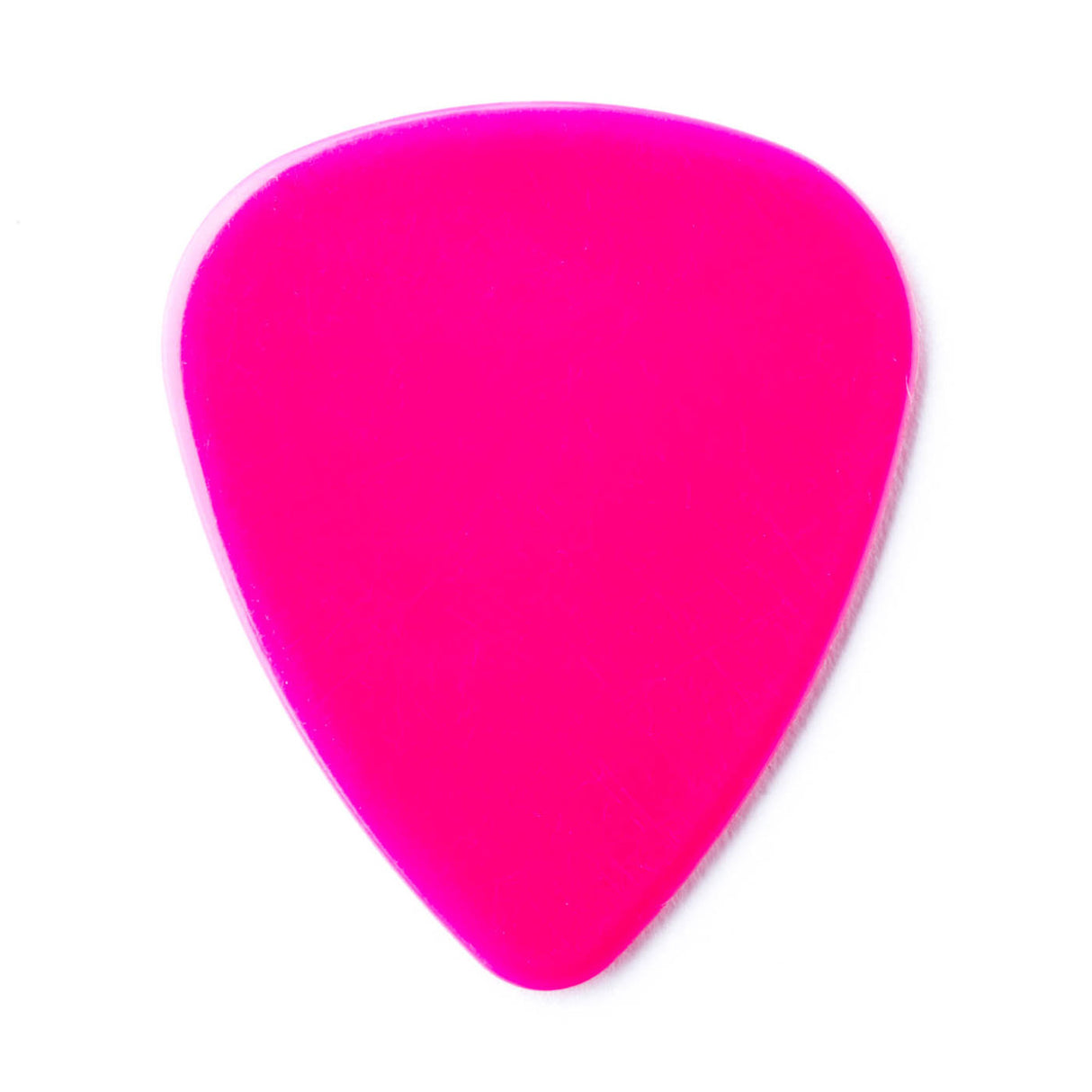 A pink guitar pick on a white background