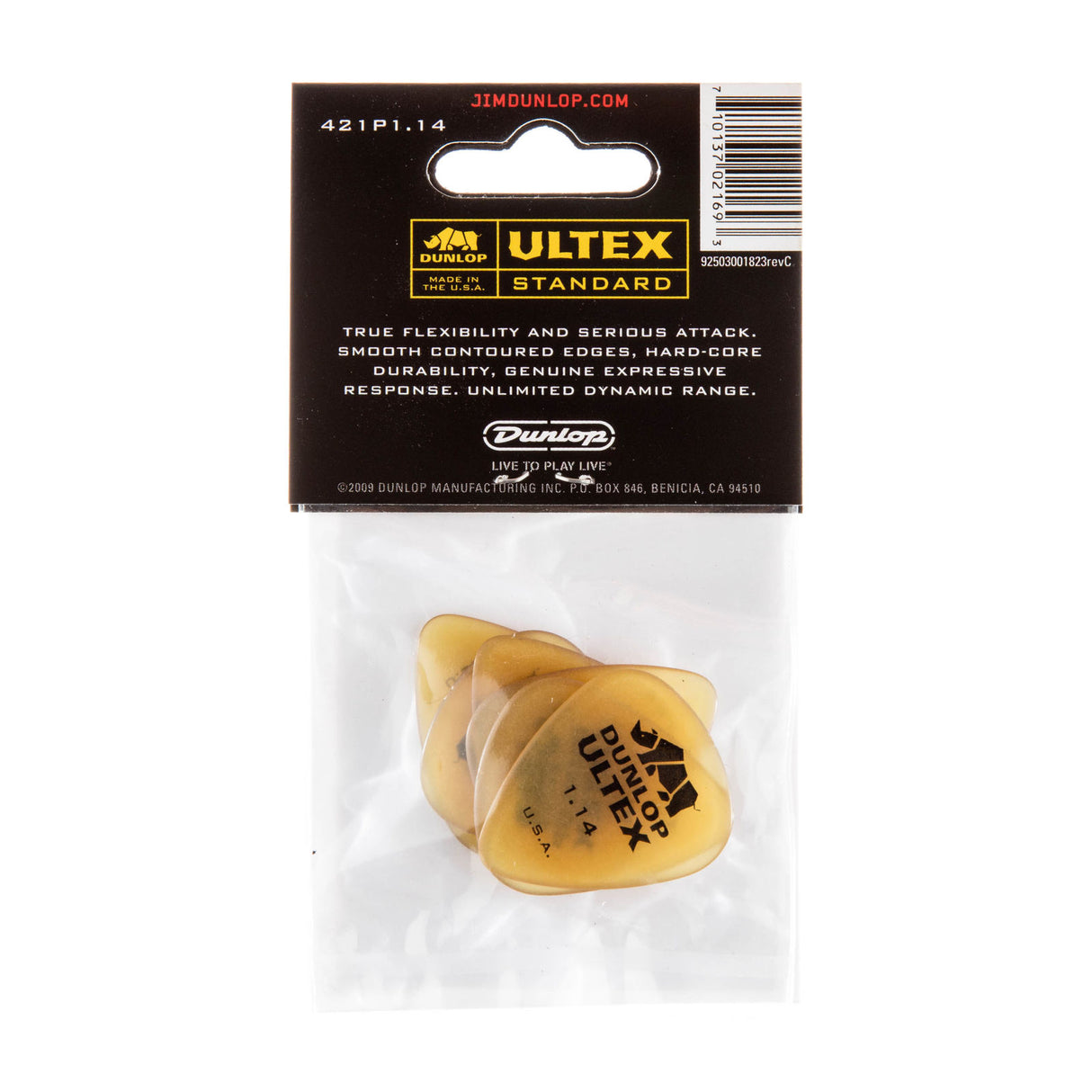 Packaged Dunlop Ultex guitar picks with packaging showing brand details.
