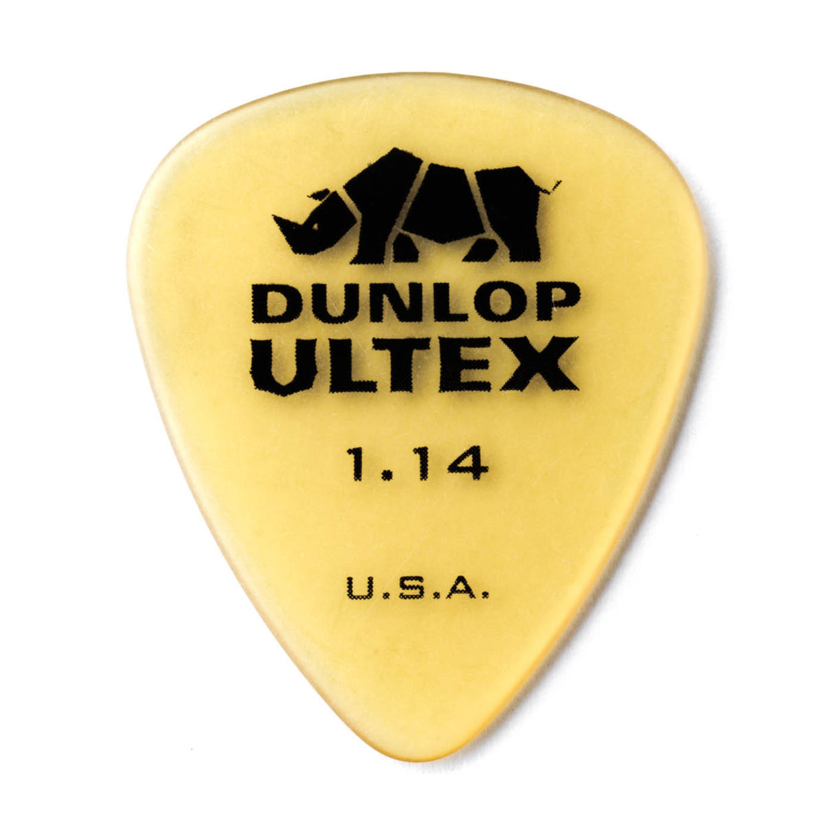 Yellow guitar pick with Dunlop Ultex logo and specifications on a white background