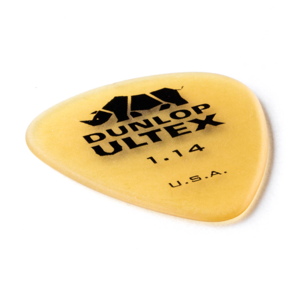 Yellow guitar pick with Dunlop Ultex branding on a white background